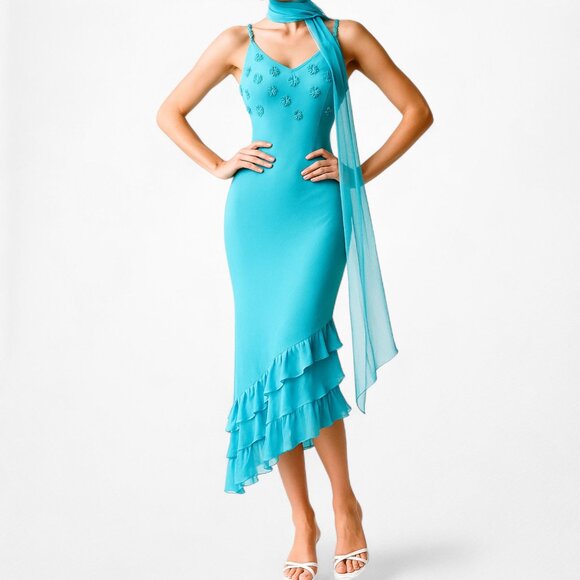 Vintage Blue Silk High Low Floral Beaded Slip On Midi Cocktail Dress Size S/M - Picture 4 of 8